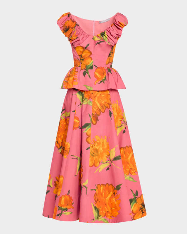 Floral-Print Shirred V-Neck Cotton Peplum Top